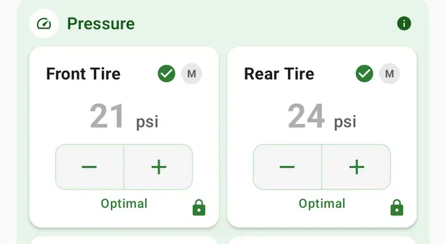 Front and rear tire cards showing 21 and 24 psi, both marked Optimal